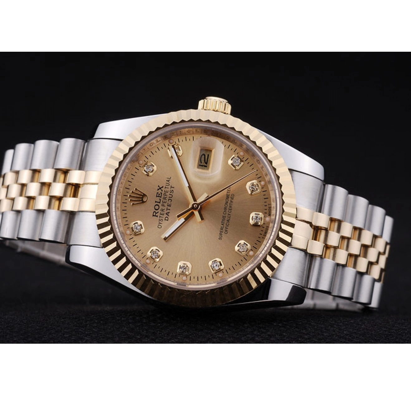 Rolex aaa copy Gold Dial Diamonds 7452 Rolex Datejust Ribbed Bezel 0605